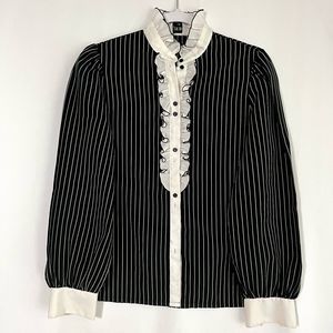 Vtg Long Sleeve Blouse Top Ruffles Judy Bond Black  White Stripes